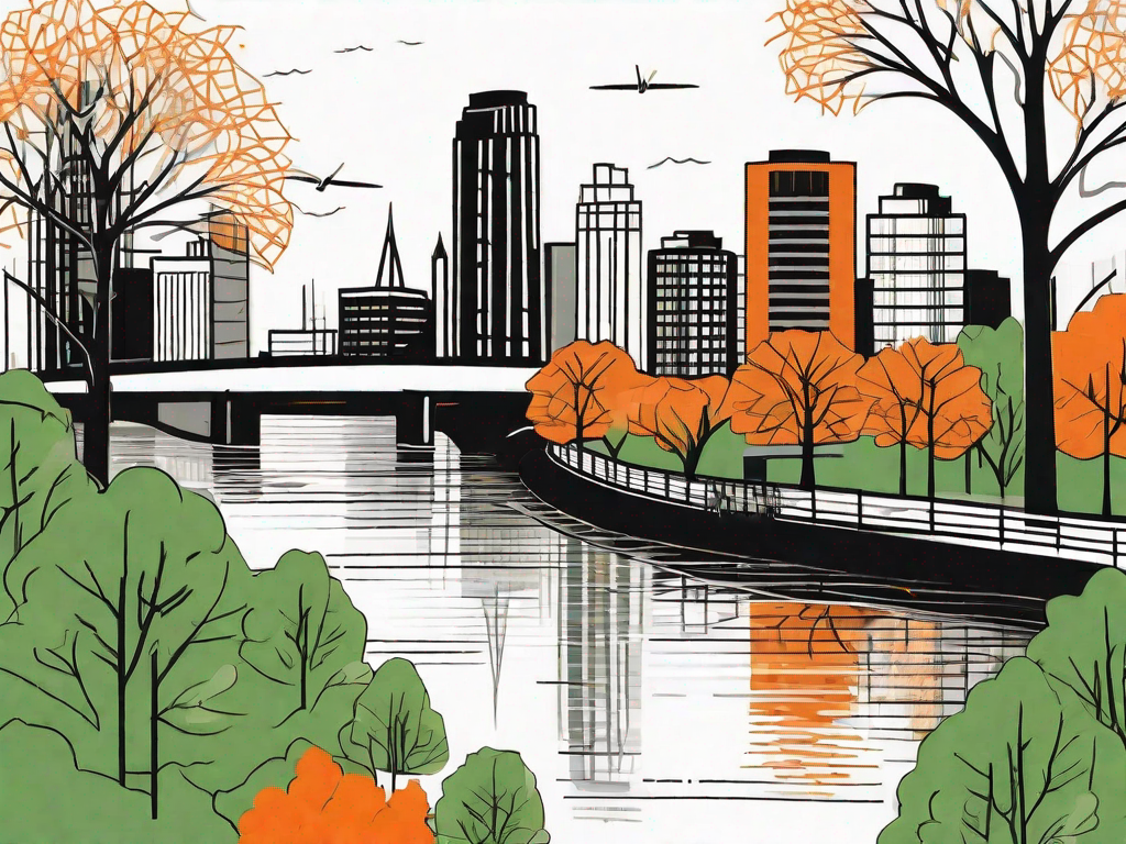 An emerging city skyline with distinctive ohio features such as buckeye trees