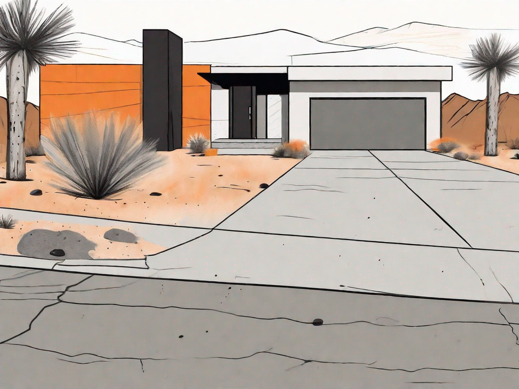 A concrete driveway in an arizona desert landscape