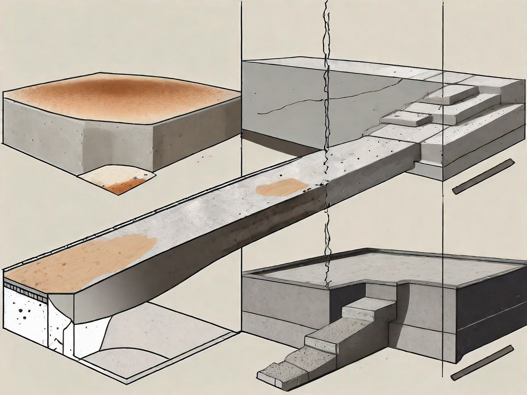 Various stages of concrete laying process with visible signs of common problems such as cracks